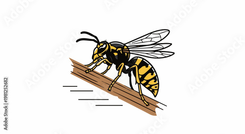 Cartoon yellow and black wasp insect with transparent wings on a brown branch