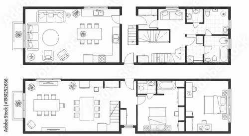 Blueprint of a two-story home with furniture and fixtures