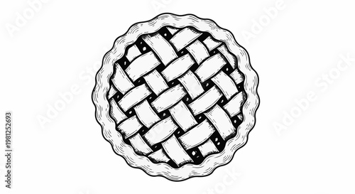 Black and white sketch of a lattice-top pie with crimped crust