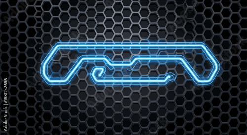 Blue neon circuit on a dark hexagonal grid background