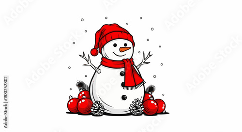 Cheerful snowman with red hat, scarf, and holiday decorations