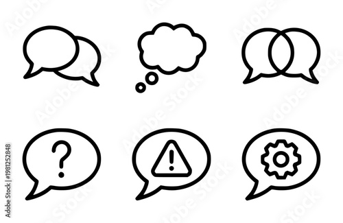Set of speech bubble conversation, thought, question, warning, and settings dialogue