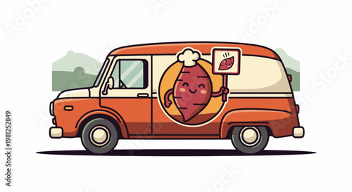 Cheerful sweet potato chef drives a vintage food truck through hills