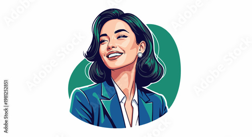 Cheerful woman in a blue suit and white shirt smiles widely