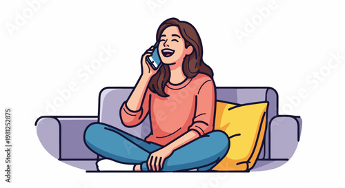 Cheerful woman in casual clothes talking on a mobile phone while sitting on a couch