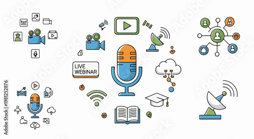 Collection of icons representing digital communication and education technologies