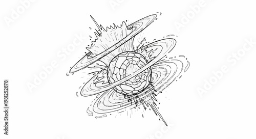 Black and white sketch of a fractured sphere with orbiting rings and abstract bursts