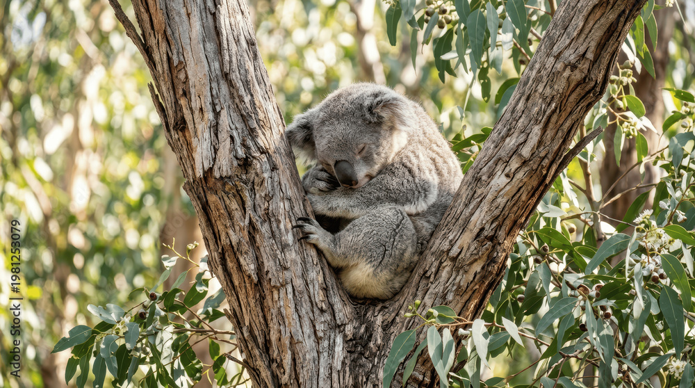 Obraz premium A koala is seen curled up on a tree branch in a natural habitat