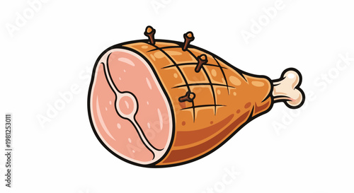 Cartoon-style roasted ham with cloves and a bone, presented on a white background