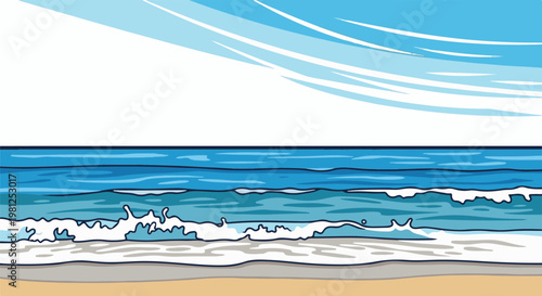Bright blue waves crash onto a sandy beach under a vast sky