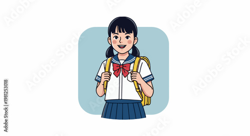 Cheerful young student with a bright yellow backpack stands ready for school