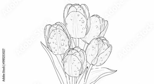 Black and white sketch of a bouquet of tulips with dew drops