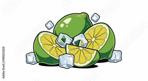 Bright green citrus slices and whole fruits chilled with clear ice cubes