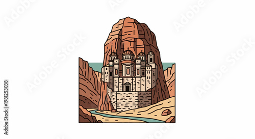 Carved ancient structure nestled within a grand sandstone canyon with a river