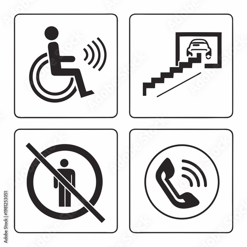 A set of four black and white square icons depicting accessibility features including wheelchair access parking prohibition and telephone high quality professional