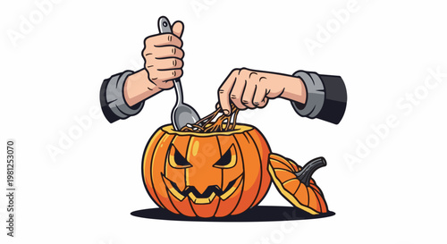 Carving a spooky jack-o'-lantern with a spoon and hands