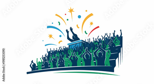 Cheering crowd celebrates a person on a podium with fireworks