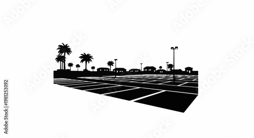 Black and white silhouette of a tropical parking lot at dusk
