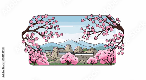 Blooming cherry trees frame ancient ruins and distant mountains