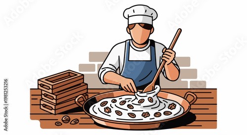 Chef stirs ingredients in a large pan with bricks and nuts nearby