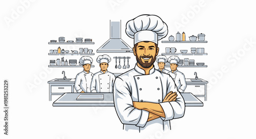Chefs in a kitchen with stacks of plates and cooking supplies on shelves