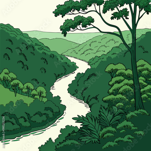 A serene illustration depicts a winding river flowing through a lush green valley surrounded by rolling hills and dense forestation high quality