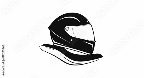 Black racing helmet on a white background with curved lines