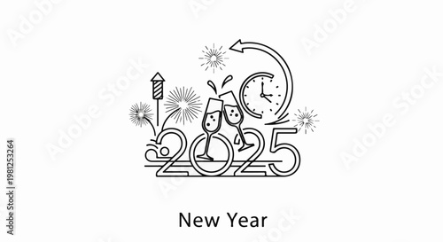 Celebration graphic with champagne, fireworks, clock, and year 2025