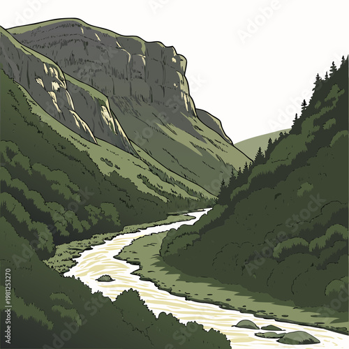 A serene landscape depicts a winding river flowing through a lush green valley framed by towering rocky cliffs and dense forestation