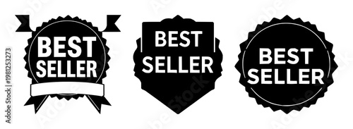 Best seller badge icon set with solid black shapes featuring star, ribbon, and circular elements with an award and emblem design