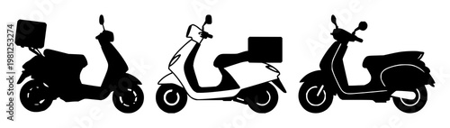 Last mile delivery scooter set with solid black icon and white background design featuring delivery, logistics, urban mobility with iconography and simplicity