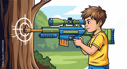 Boy with toy rifle aims at target on a tree in a park