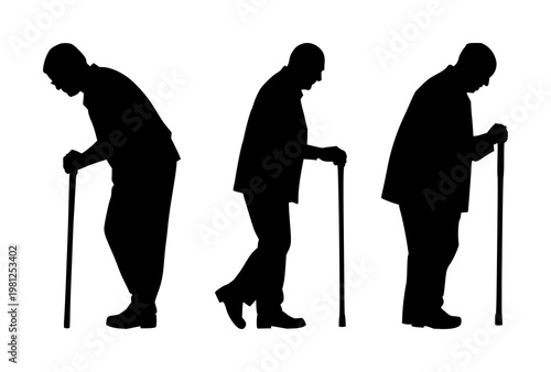 Geriatric walking cane set with solid black icon on white background featuring accessibility, mobility, healthcare with medical and eldercare