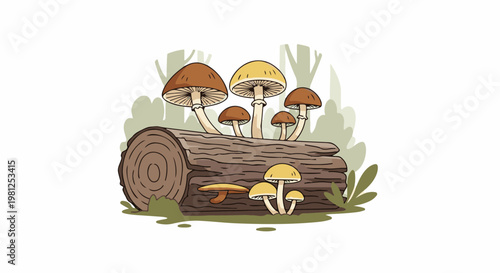 Cartoon mushrooms sprout from a fallen log in a whimsical forest setting