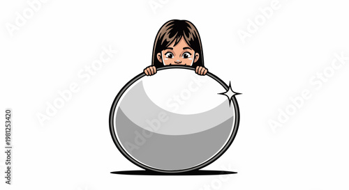 Child peeking over a shiny sphere