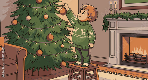 Child decorates a Christmas tree near a cozy fireplace with glowing logs