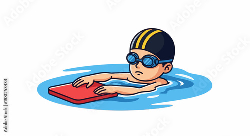Child swimmer with kickboard in blue water, wearing cap and goggles