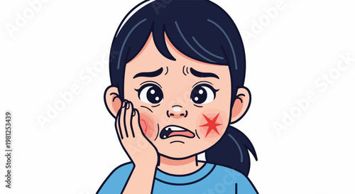 Cartoon of a child with a toothache, holding her cheek in pain