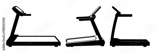 Cardio treadmill machine set with solid black icon design featuring gym equipment, fitness appliance, exercise apparatus with running gear and workout machine