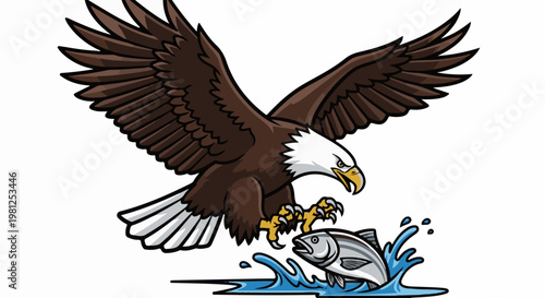 Brown eagle swooping down to catch a fish in water