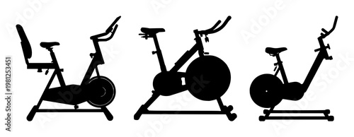 Stationary fitness bike set with solid black icon design featuring exercise, healthy lifestyle, workout with sports equipment and cardio training