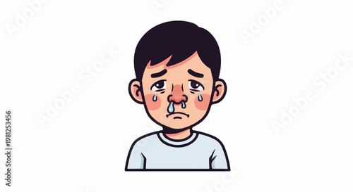 Cartoon of a boy with dark hair, teary eyes, and a runny nose