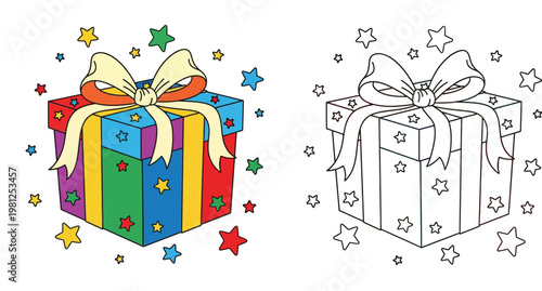 Colorful Gift Box with Stars and Cream Ribbon Cartoon Illustration Set with Line Art Version for Kids Coloring Book Page, Birthday Surprise and Celebration Design Elements