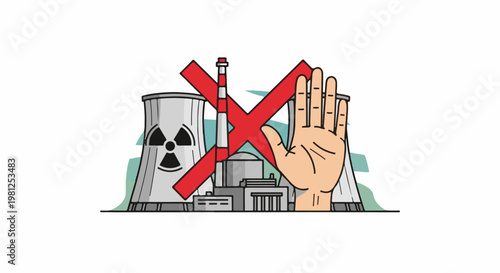 Cartoon of a hand stopping a nuclear power plant with a red x