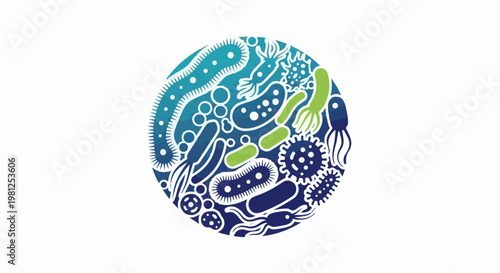 Circular composition of various stylized microscopic organisms in blue and green