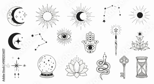 Celestial and mystical symbols including moons, suns, eyes, hands, and nature elements