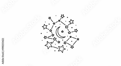 Celestial pattern with crescent moon, stars, and connecting lines