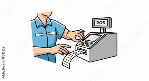 Cartoon of a person's torso and hands operating a cash register with a receipt