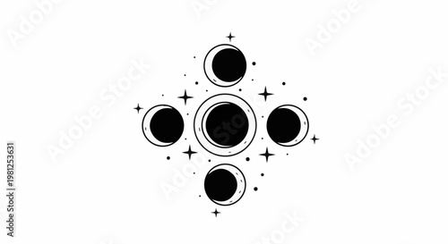 Celestial motif with crescent moons, stars, and dots on white background