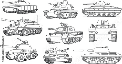 Military tank collection line art vector illustration featuring armored vehicles multiple views and modern warfare transport outline design set